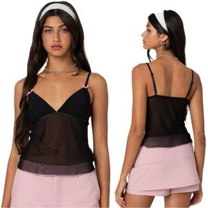 Edikted Black Mesh Top with Pink Trim | Size S